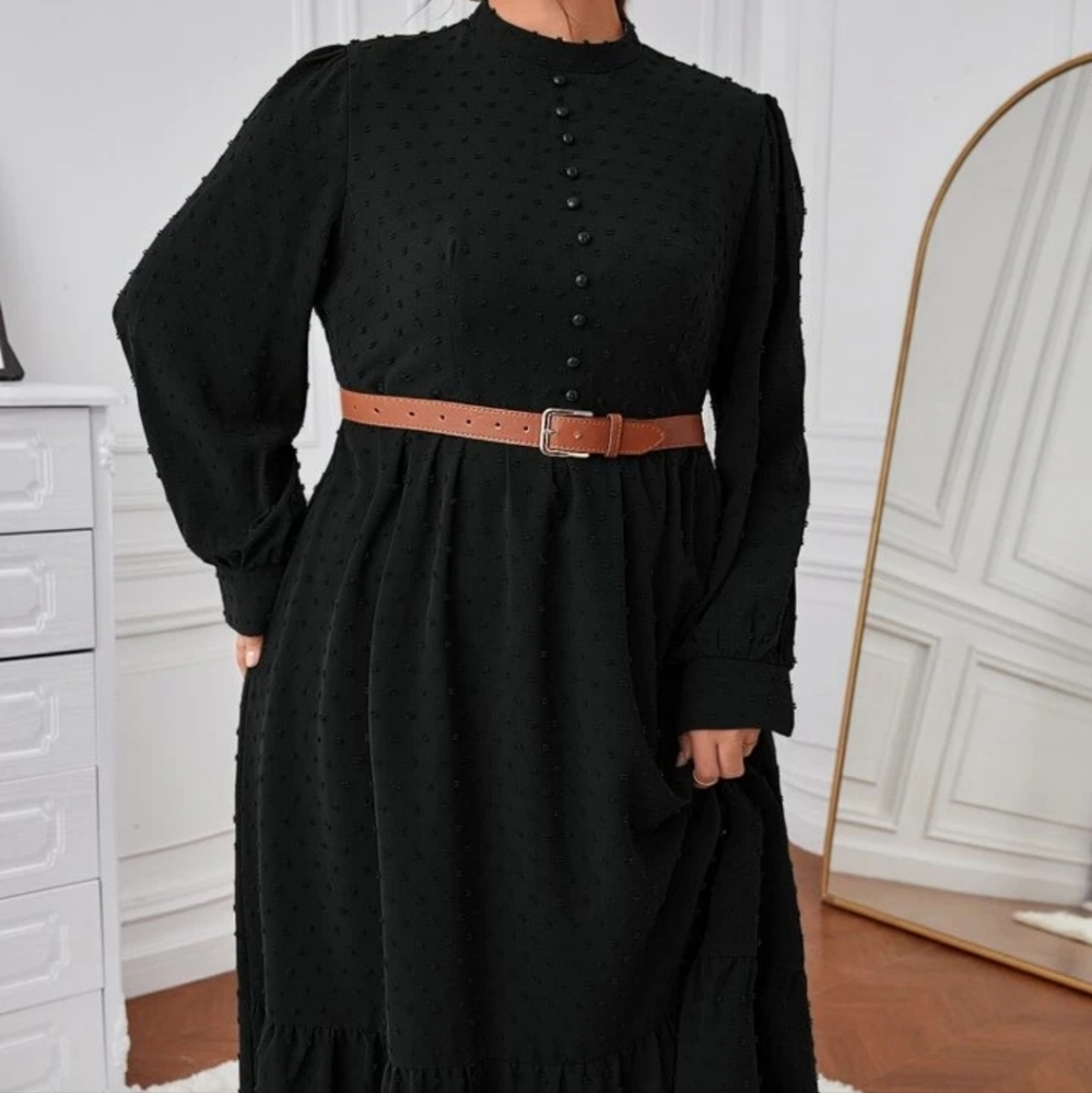 Black Swiss-dot, Lantern Sleeve Maxi Dress - 2X - Picture 4 of 7